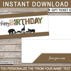 Könnte beinhalten: Eine weiße Geschenkticket-Hülle mit braunem Rand, mit den Worten "Happy Birthday" und einer Silhouette afrikanischer Tiere. Das Wort "BIRTHDAY" hat ein gemustertes Design. Der Text "From your name" ist ebenfalls sichtbar.