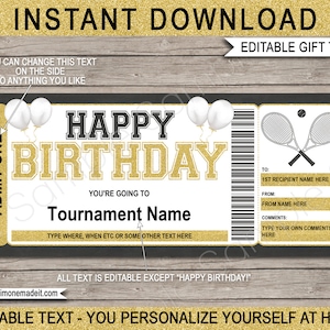 Tennis Ticket Template Birthday Gift - Surprise Tournament Ticket - Printable Gift Voucher Certificate Coupon - EDITABLE TEXT DOWNLOAD