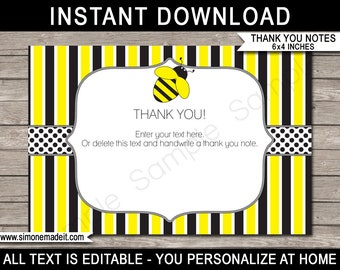 Bee Thank You Cards Template - Printable Birthday Party Favor Tags - Bee-day Theme - 4x6 inch - INSTANT DOWNLOAD with EDITABLE text