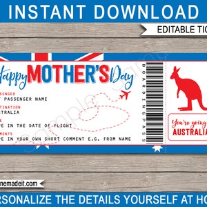 Australia Boarding Pass Fake Plane Ticket template - Surprise Trip to Australia for Mothers Day - INSTANT DOWNLOAD with EDITABLE text
