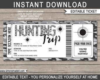 Surprise Hunting Trip Ticket Printable Gift Voucher Certificate -  Hunt Holiday Vacation Reveal - Gray Camo - INSTANT DOWNLOAD - EDITABLE
