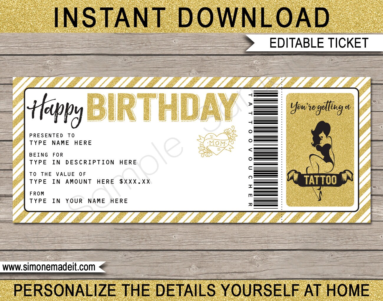 Tattoo Birthday Gift Ticket - Printable Gift Certificate or Voucher -  INSTANT DOWNLOAD with EDITABLE text - you personalize at home Regarding Tattoo Gift Certificate Template