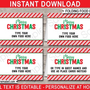 Editable Christmas Food Labels Template - Printable Folding Buffet Tags - Place Cards - Party Decorations - INSTANT DOWNLOAD - EDITABLE text