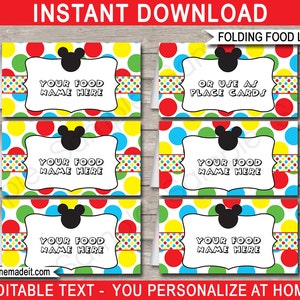 Mickey Mouse Food Labels Template - Printable Birthday Party Theme Decorations - Buffet Tags - Place Card - INSTANT DOWNLOAD - EDITABLE text