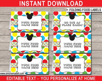 Mickey Mouse Food Labels Template - Printable Birthday Party Theme Decorations - Buffet Tags - Place Card - INSTANT DOWNLOAD - EDITABLE text