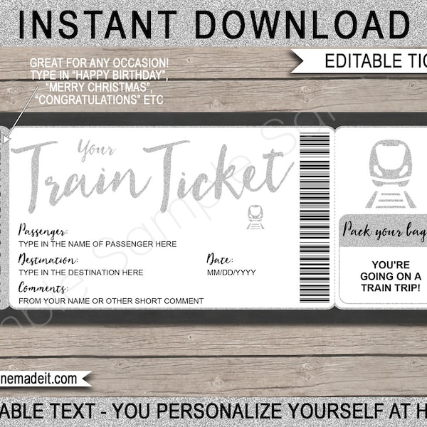 Printable Train Ticket Template Fake Boarding Pass Gift - Surprise Train Trip Reveal - Any Destination - Silver Coupon - INSTANT DOWNLOAD