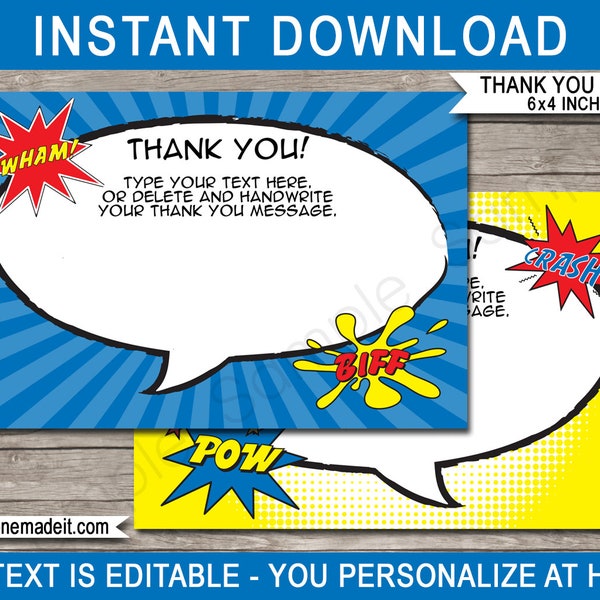 Superhero Party Thank You Cards Template - Printable Super Hero Theme Birthday Favor Notes - 4x6 inch - INSTANT DOWNLOAD with EDITABLE text