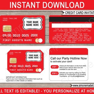 Credit Card Invitation Template - Printable Birthday Party Invite - Mall Scavenger Hunt Shopping Theme - Red - EDITABLE TEXT DOWNLOAD