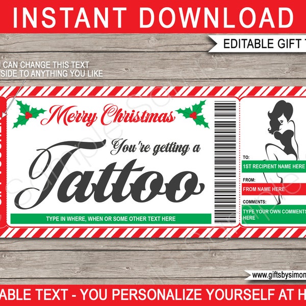 Tattoo Gift Card Certificate Voucher Ticket Christmas Printable Template, Get Inked Retro Pinup Girl Design, INSTANT DOWNLOAD, EDITABLE text