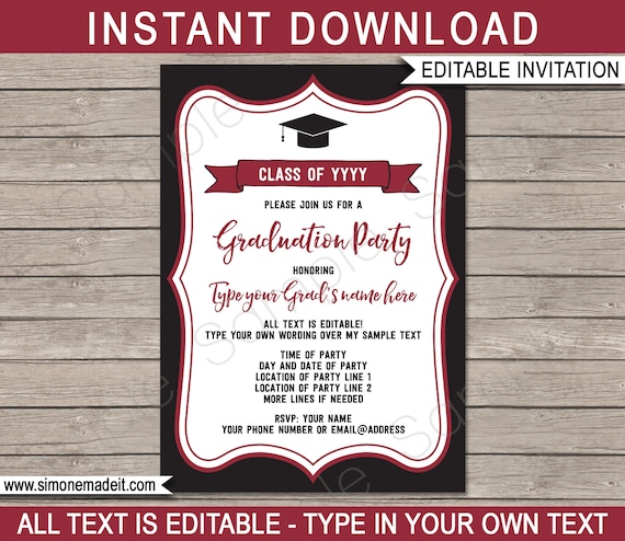 Graduation Party Invitations - black & crimson - Printable Template - Any Year - Grad Invite - INSTANT DOWNLOAD with EDITABLE text Il_570xn