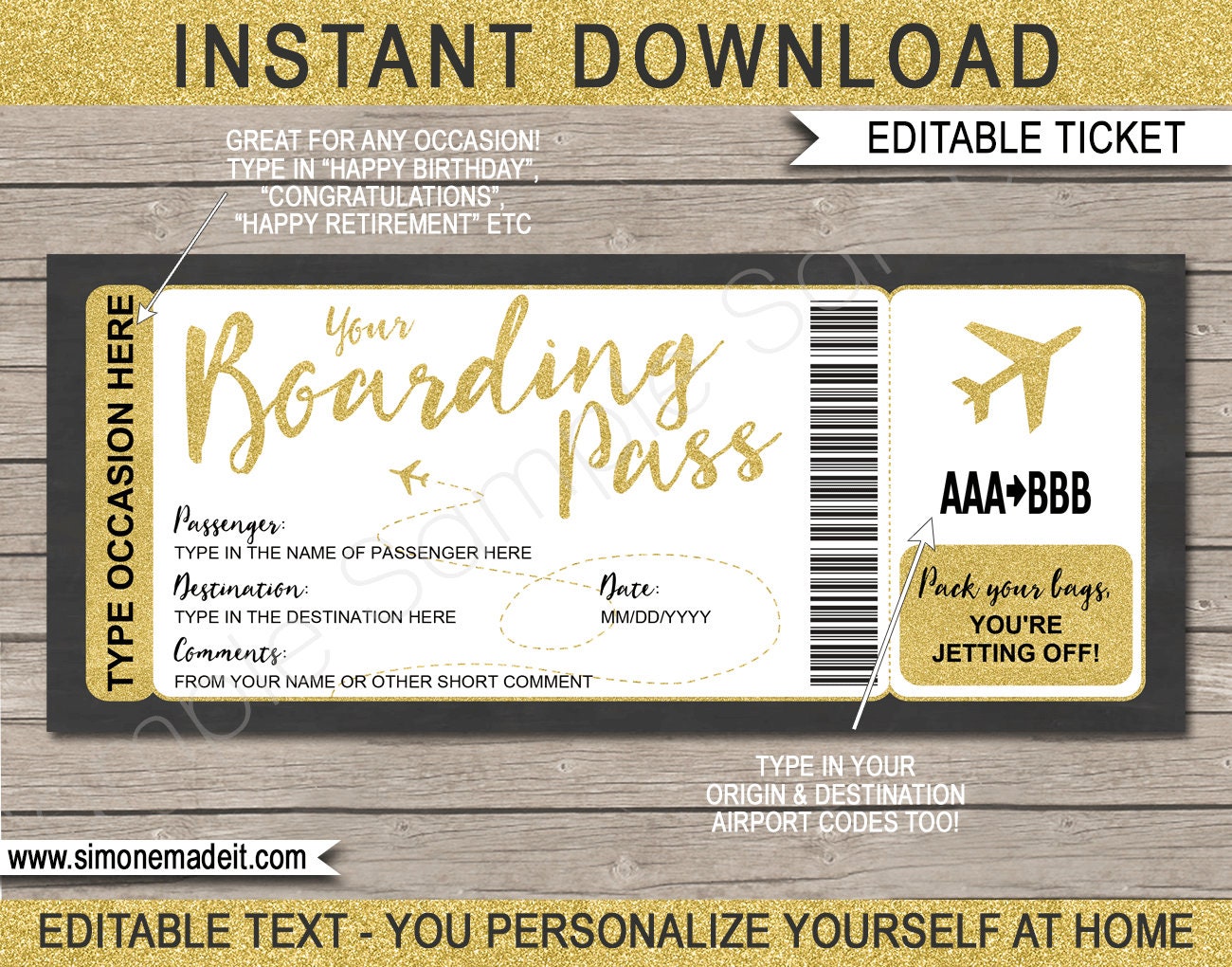 Printable Travel Voucher Boarding Pass Template Fake Plane Ticket 