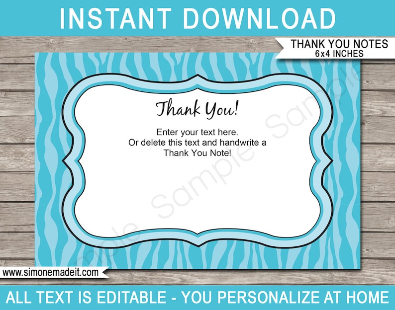May include: Printable thank you note template with a blue and white zebra stripe pattern. The template has a black border and says "Thank You!" with space to add a personalized message. The template is 6x4 inches.