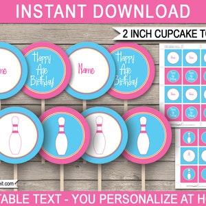 K&ouml;nnte beinhalten: Druckbare Cupcake-Topper mit einem Bowling-Pin-Design in Pink, Blau und Wei&szlig;. Die Topper sind editierbar und enthalten den Text "Happy Age Birthday" und "Name".