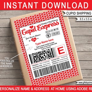 Plantilla de etiquetas de envío de San Valentín - Pegatinas de regalo de Cupid Express Mail - Grande - Admirador secreto - DESCARGA INSTANTE - Nombre y dirección EDITABLES