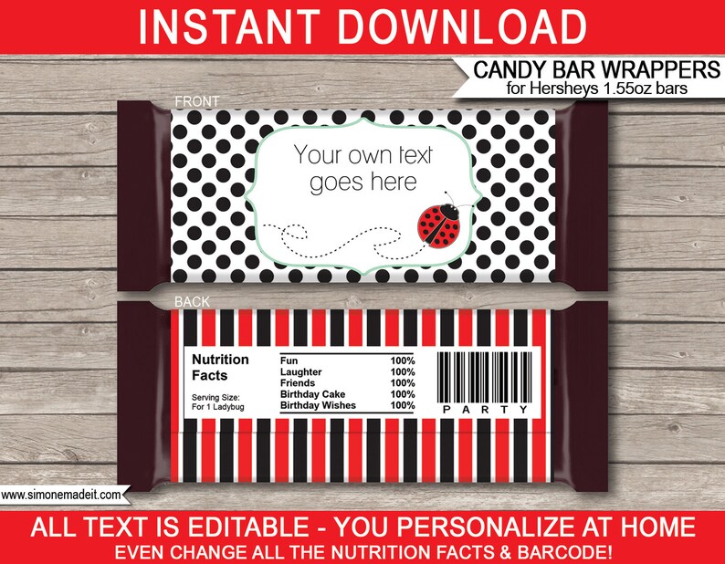 Editable & Printable Ladybug Birthday Party Candy Bar Wrapper Decorations template