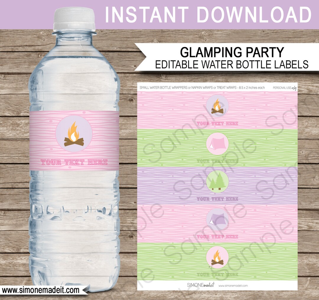 Glamping Party Water Bottle Labels Template - Printable Camping Theme ...