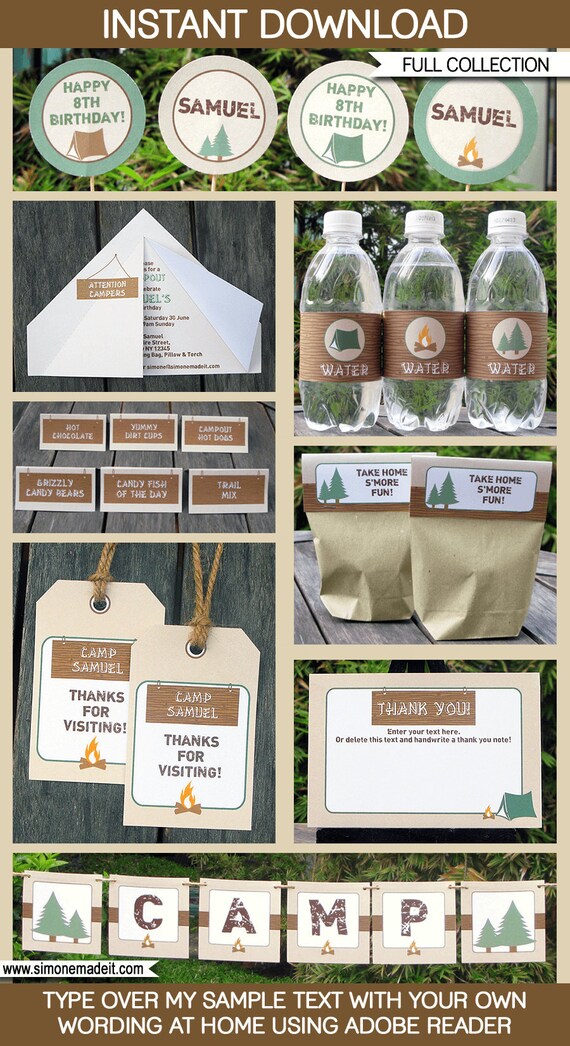 Camping Birthday Party Invitation Decorations Templates - Campout - full Printable Package - INSTANT DOWNLOAD - EDITABLE text - you edit Il_570xn