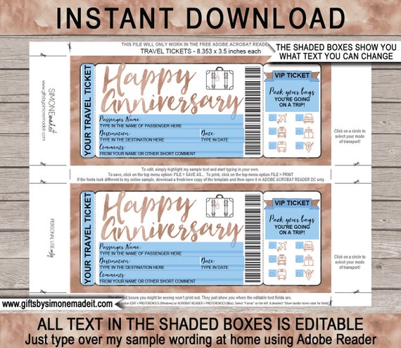 Travel Coupon Template Anniversary Gift - Printable Voucher Certificate Ticket - Surprise Trip Reveal Gift Idea for Him Husband Boyfriend
