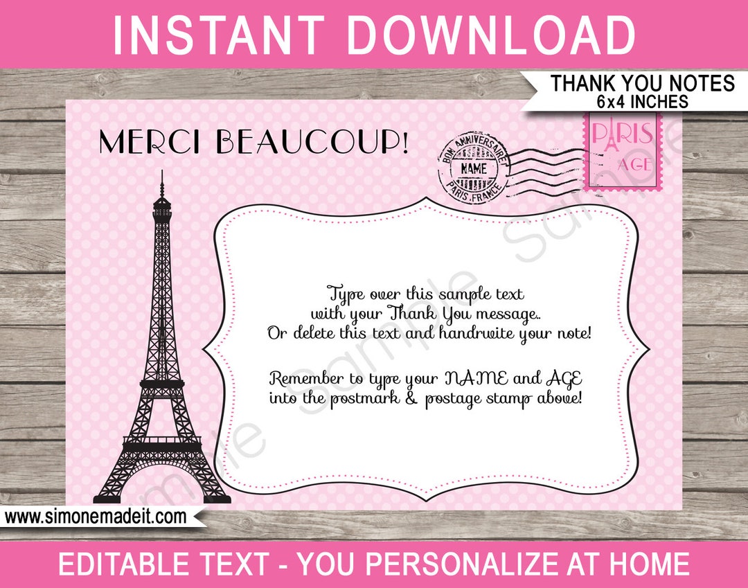 Paris Thank You Cards Template - Printable Birthday Party Note Tags ...