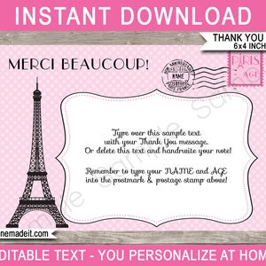 Modelo de cartões de agradecimento de Paris - Etiquetas para notas de festa de aniversário para impressão - Cartão postal - 4x6 polegadas - DOWNLOAD INSTANTÂNEO - Texto EDITÁVEL