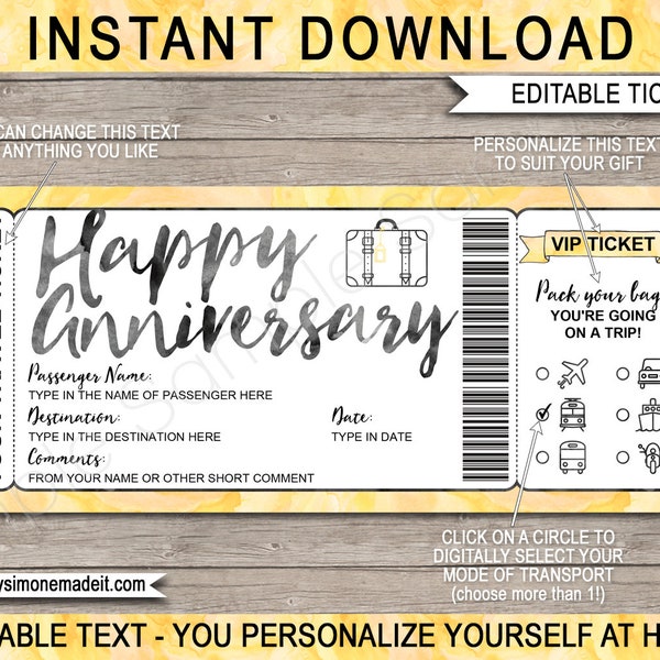 Surprise Anniversary Travel Ticket Boarding Pass Template, Personalize Vacation Holiday Trip Reveal Gift Idea, Plane Car Bus Boat Train Bike
