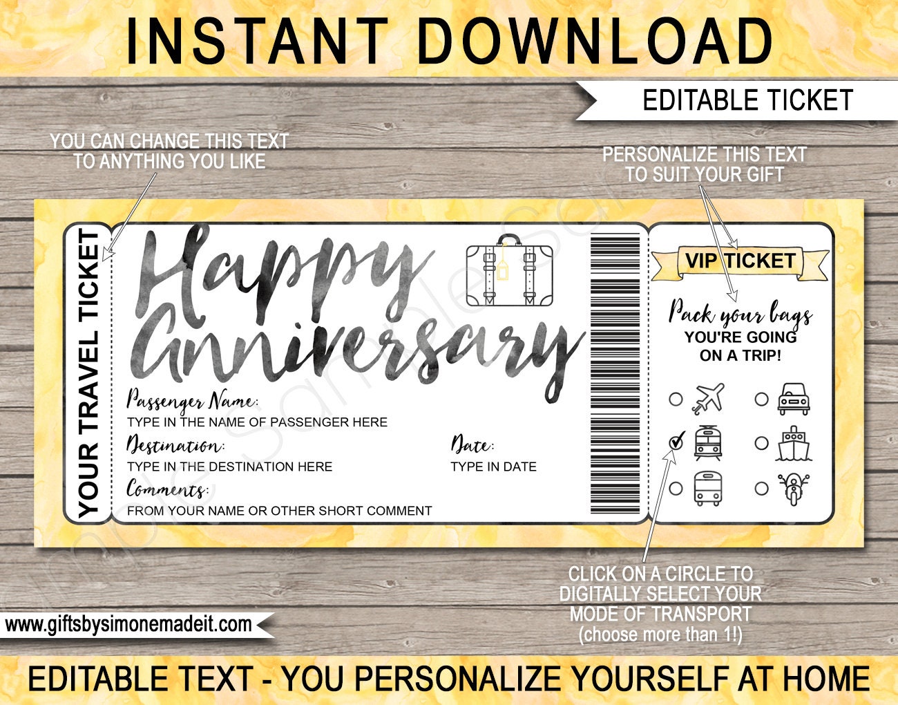 Anniversary Travel Ticket Boarding Pass Template: Vacation Reveal Gift (PDF)