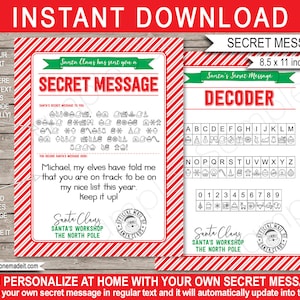 May include: Printable Christmas activity for children. A red and white striped card with a secret message from Santa Claus. The message is written in a code that can be deciphered using a decoder card. The decoder card features a red and white striped background with a green border. The decoder card has a list of symbols that correspond to letters and numbers. The text on the card reads "Santa's Secret Message Decoder".