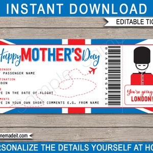 Modello di biglietto aereo falso per carta d'imbarco di Londra - Viaggio a sorpresa a Londra per la festa della mamma - DOWNLOAD IMMEDIATO con testo MODIFICABILE