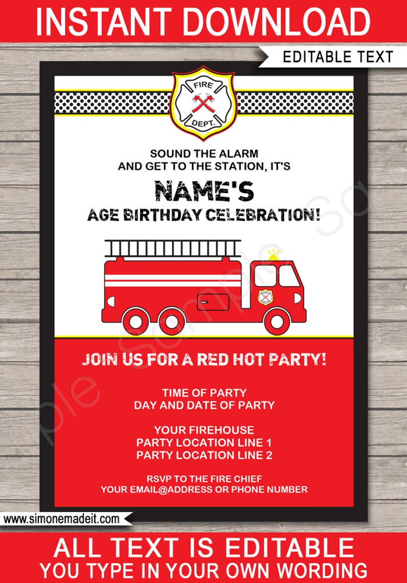 Fireman Party Decorations Invitation Printable Template Bundle Firetruck Package Pack Set Kit Collection INSTANT DOWNLOAD text EDITABLE image 3