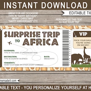 Modèle imprimable de carte d'embarquement de billet d'avion pour l'Afrique - Safari de voyage surprise en Afrique - Vol en avion - TÉLÉCHARGEMENT IMMÉDIAT - texte MODIFIABLE