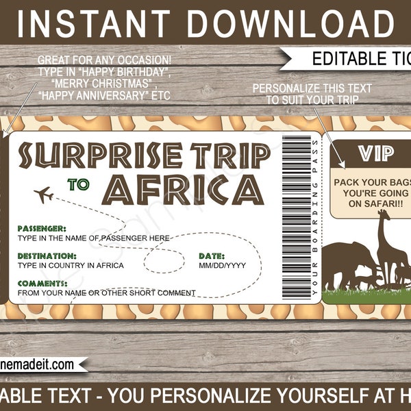 Printable Africa Plane Ticket Boarding Pass Template - Surprise Trip to Africa Safari - Airplane Flight - INSTANT DOWNLOAD - EDITABLE text