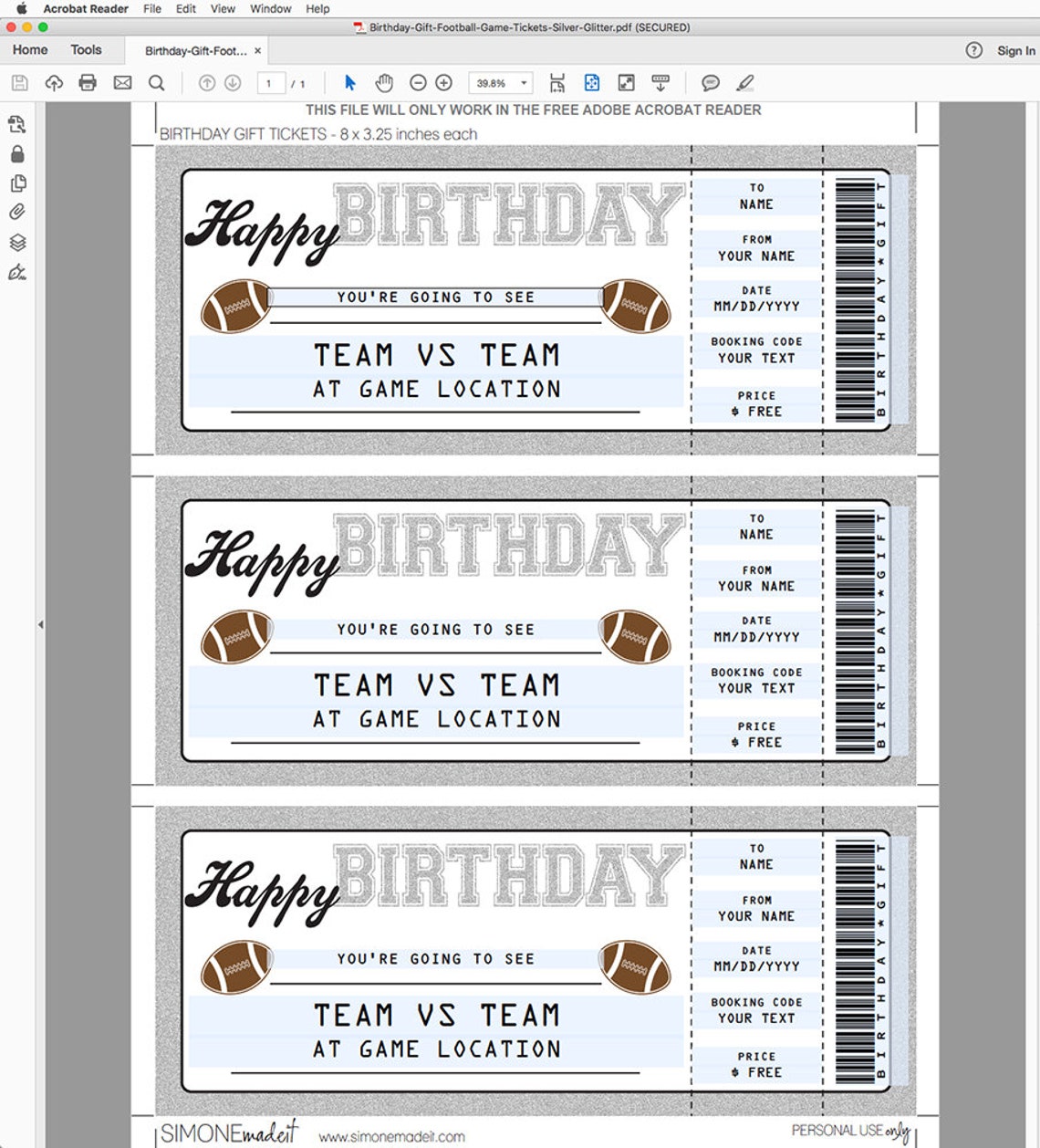 Football Ticket Birthday Gift Surprise Ticket to a Football Etsy