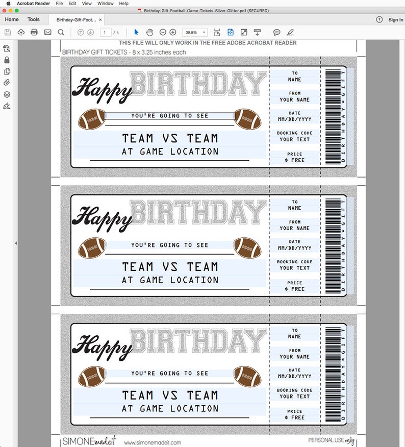Football Ticket Birthday Gift Surprise Ticket to a Football Etsy