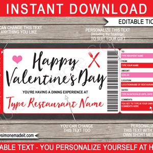 Valentines Day Restaurant Gift Certificate Template - Printable Voucher Ticket Coupon for Night Out, Dinner, INSTANT DOWNLOAD
