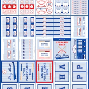 May include: Printable baseball party decorations in blue, red, and white. The set includes signs, banners, labels, and tags with baseball-themed graphics. The text on the signs reads "Play Ball!" and "Welcome to YOURNAME FIELD".