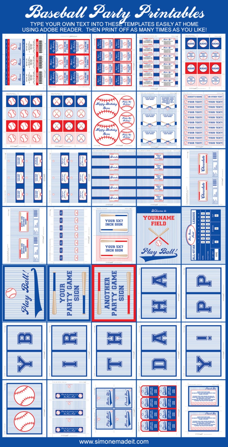 May include: Printable baseball party decorations in blue, red, and white. The set includes signs, banners, labels, and tags with baseball-themed graphics. The text on the signs reads "Play Ball!" and "Welcome to YOURNAME FIELD".
