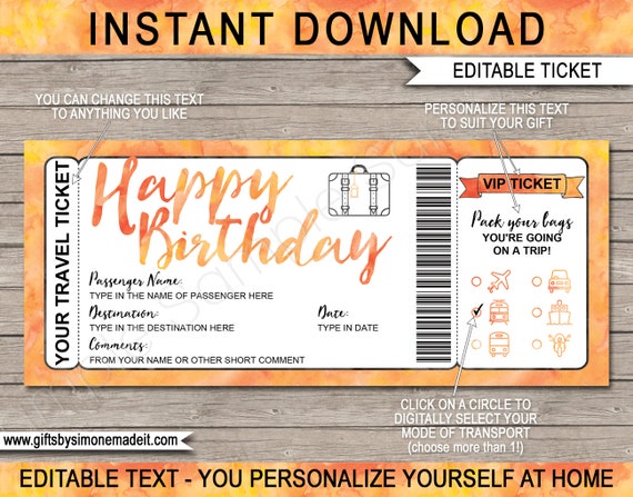 birthday present travel ticket boarding pass printable template surprise vacation reveal gift idea trip bus plane car boat bike train by simonemadeit catch my party