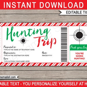 Jagdreise Vorlage - Druckbares Weihnachtsticket Geschenkgutschein Zertifikat - Überraschungsjagd Reveal - INSTANT DOWNLOAD Text EDITIERBAR