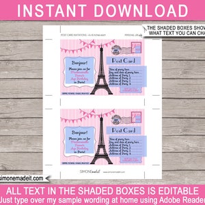 Paris Invitation Template Printable Postcard Birthday Party Invite Post Card to Paris Theme EDITABLE TEXT DOWNLOAD you personalize image 2