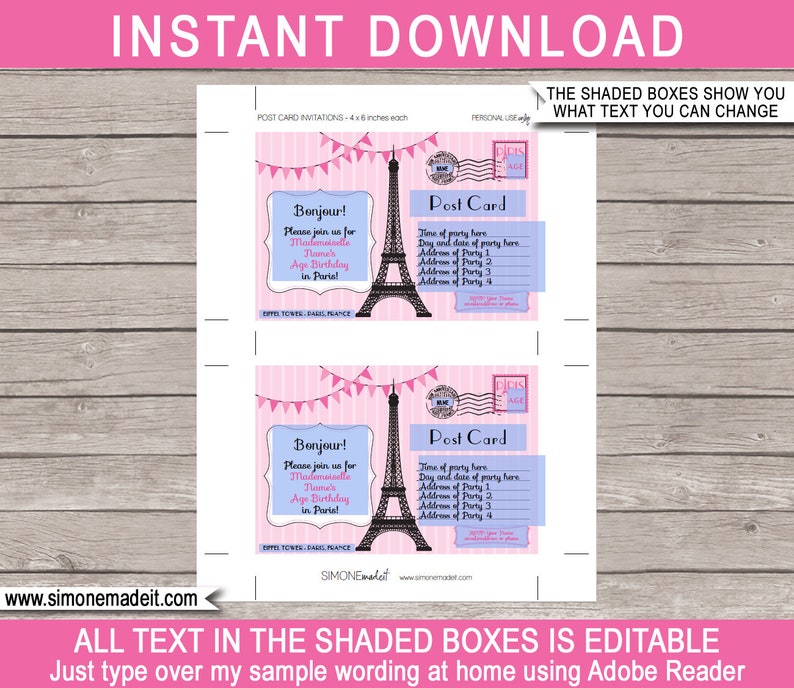 Paris Invitation Template Printable Postcard Birthday Party - Etsy