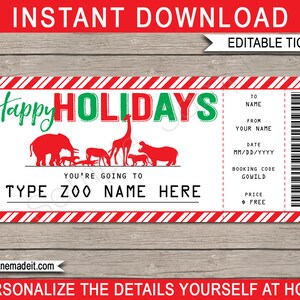 Zoo Holiday Ticket Druckbarer Geschenkgutschein - Überraschungsreise in den Zoo oder Tierpark - SOFORTIGER DOWNLOAD mit EDITIERBARE Text - Sie bearbeiten zu Hause
