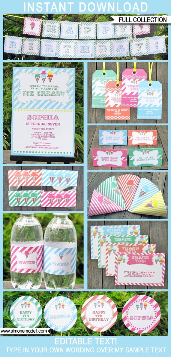 Ice Cream Birthday Party Invitation Decorations Printable Template - full Package - INSTANT DOWNLOAD with EDITABLE text - you personalize Il_570xn