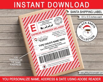 Black Santa Shipping Labels Template - Printable North Pole Mail Stickers Gift Template - Large - INSTANT DOWNLOAD - EDITABLE text