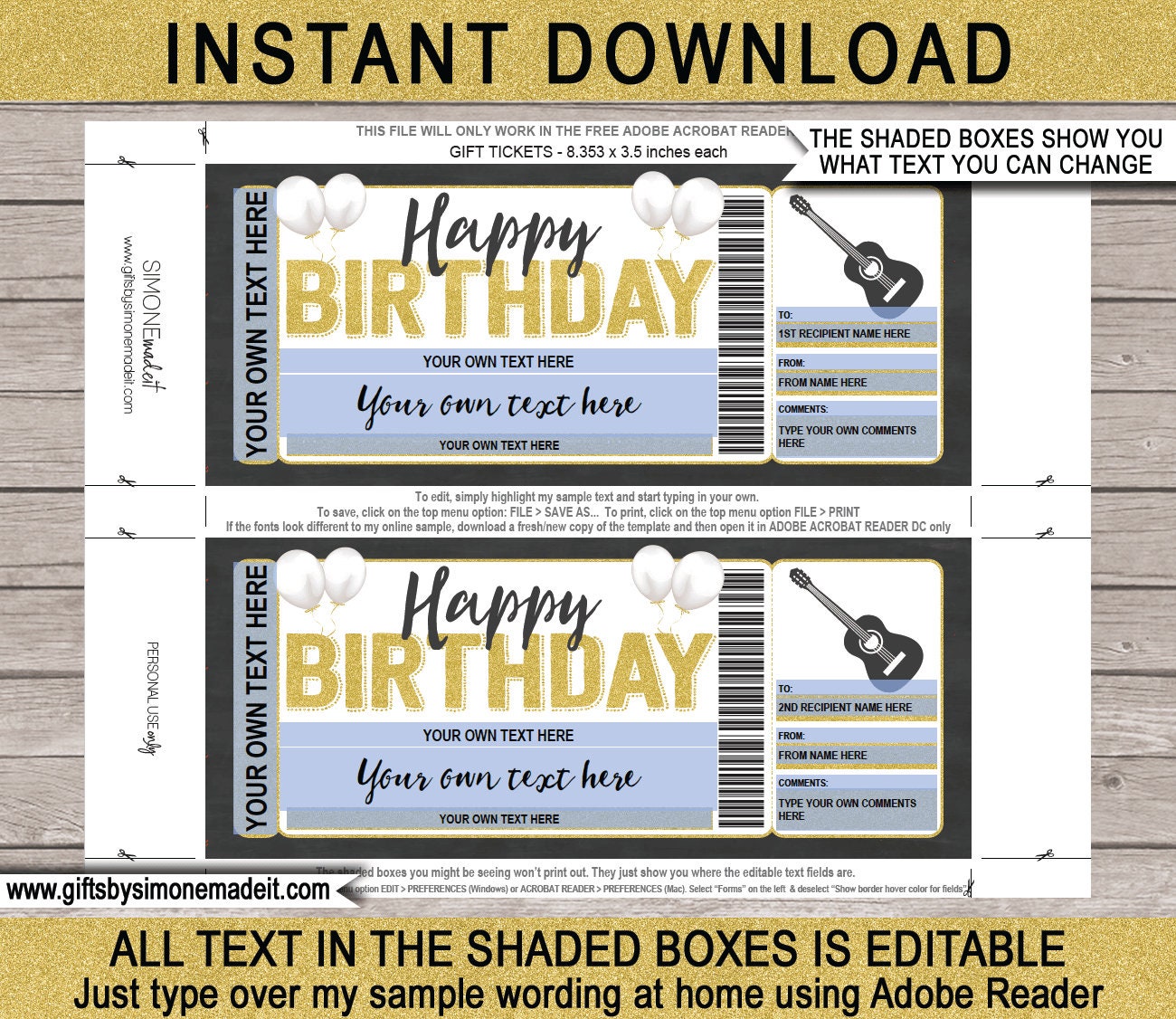 Guitar Lessons Gift Voucher Template Certificate Ticket Etsy Australia