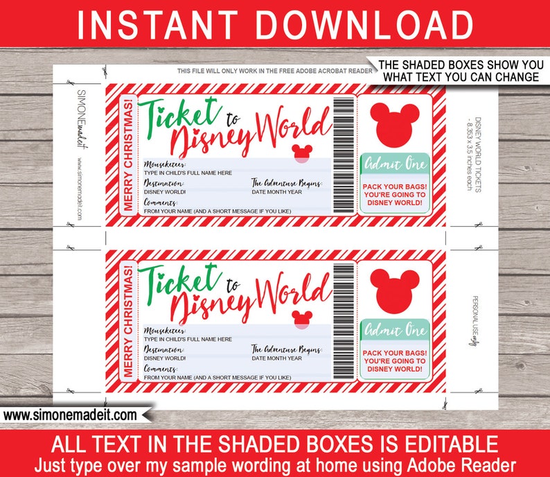 christmas disney world ticket printable gift template etsy