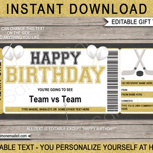 Hockey Ticket Template Birthday Gift - Surprise Game Ticket - Printable Gift Voucher Certificate Coupon Template - EDITABLE TEXT DOWNLOAD