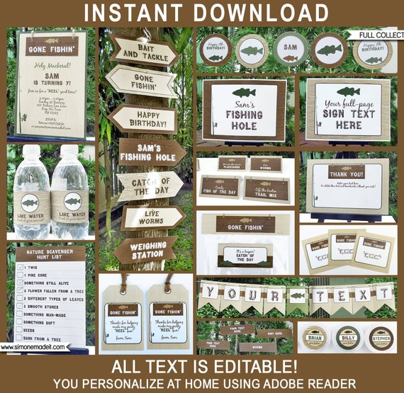 Fishing Party Printable Decorations &amp; Invitation Template Bundle - Gone ...