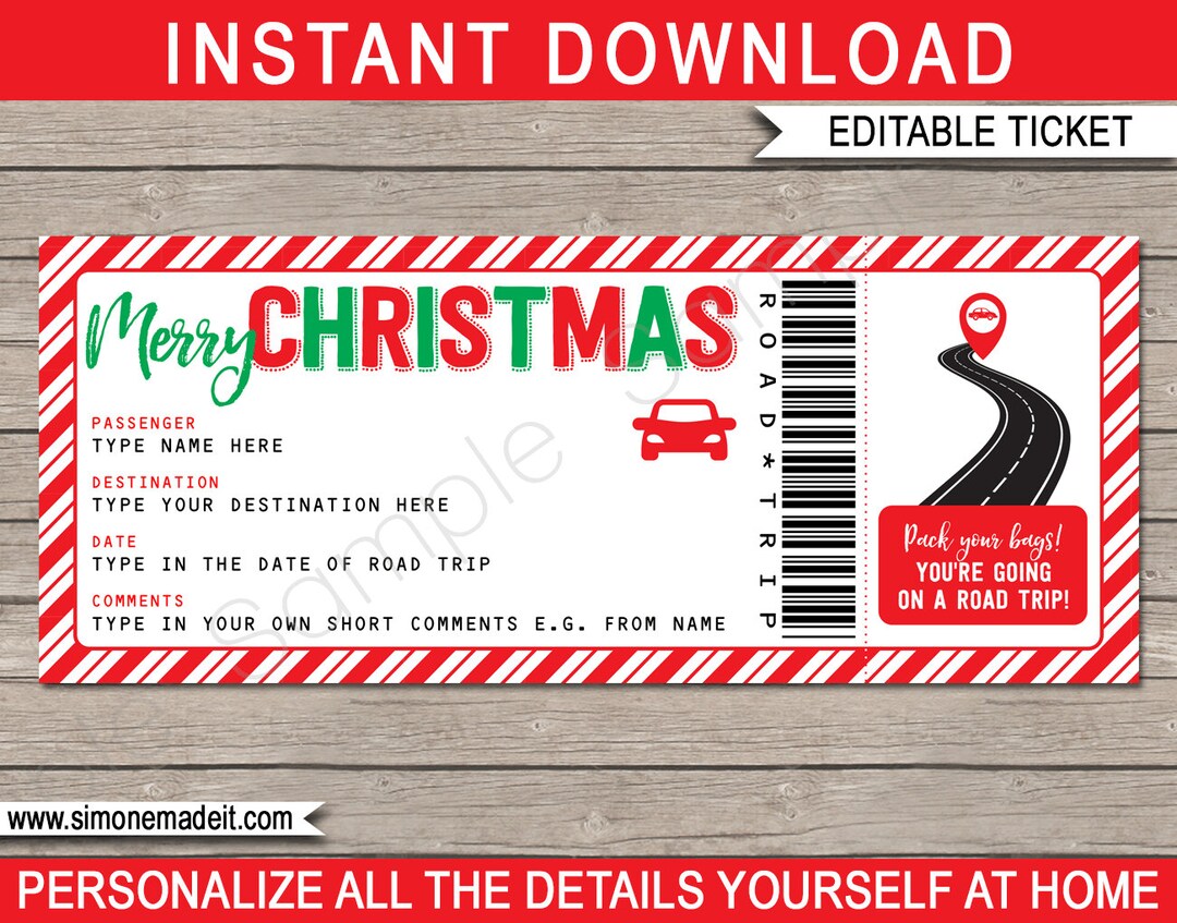 Christmas Road Trip Ticket Template Surprise Gift Car Trip, Getaway