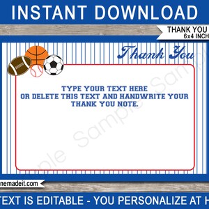 Modelo para impressão de cartões de agradecimento All Star Sports Party - Etiquetas para lembrancinhas de festa de aniversário com tema esportivo - 4x6 - DOWNLOAD INSTANTÂNEO - Texto EDITÁVEL