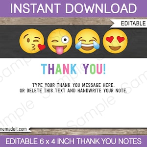 Emoji Party Thank You Cards - Printable Thank You Notes - Emoji Theme - Birthday Party - 4x6 inch - INSTANT DOWNLOAD with EDITABLE text